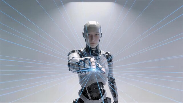 Future Embrace: A sophisticated humanoid robot with intricate mechanical details extends a finger, projecting a luminous beam of light, embodying the dawn of advanced artificial intelligence.