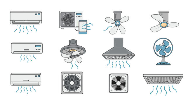 Collection of cooling appliances includes wall mounted air conditioners, ceiling fans, range hoods, and table fans.