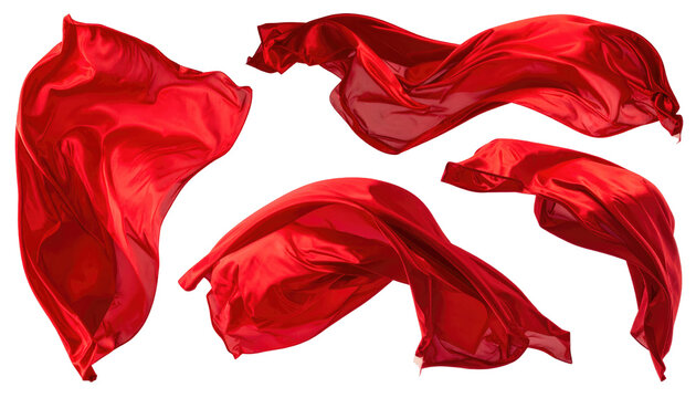 Several sections of vibrant, glossy, flowing material are set against a transparent background. The cloth's rich hue suggests passion