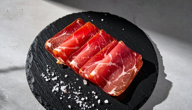 Slices of premium cured meat on a black slate board with sea salt