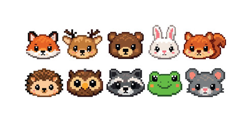 Fototapeta premium Collection of cute pixel art forest animal faces in a simple, charming style