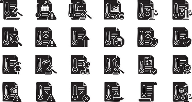 Set of climate change and environmental legal policy icons featuring thermometer document gavel courthouse factory financial chart scales and warning signs for global warming