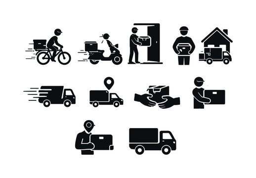 Delivery service icons showing various transportation methods and package handling