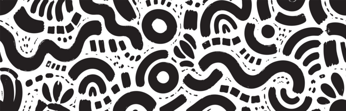 Seamless pattern with abstract hand drawn shapes, brush strokes, circles and lines. Modern vector background for textile, wallpaper, wrapping paper.