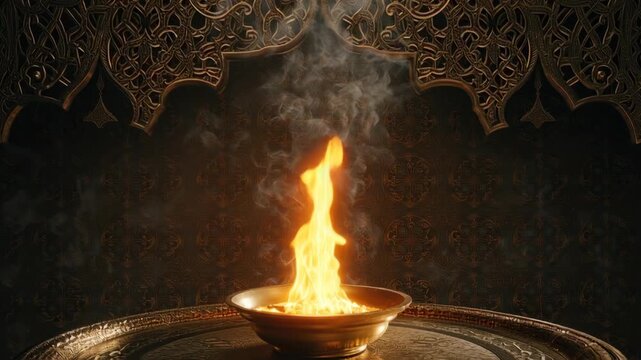 Burning flame in a golden bowl on ornate table during a ritual ceremony