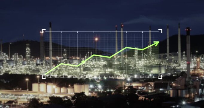 Aerial view night oil refinery, processing units, upward-trending financial graph overlays scene, symbolizing rising demand, increased refinery production, higher fuel output and growing profitability