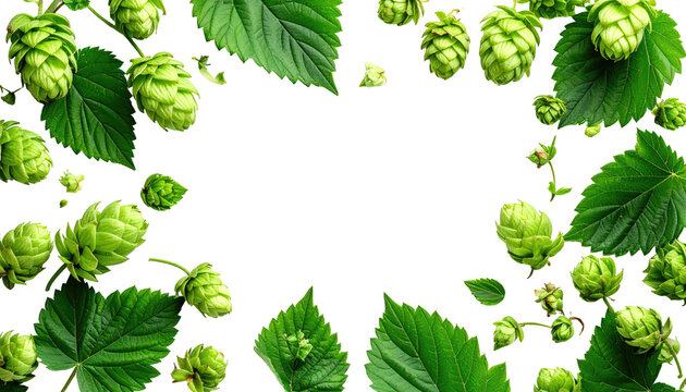 Close-up of green hop cones and leaves forming a frame around a black, empty space, perfect for text