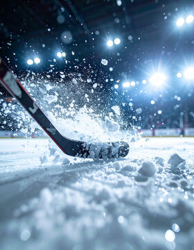 Hockey stick striking the ice, snow spray exploding outward, bright stadium lights creating dramatic highlights, fast winter sport action