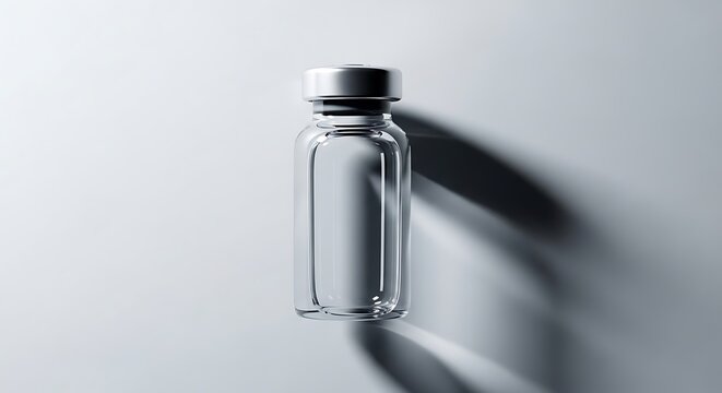 Empty glass medical vial with silver cap isolated on white background