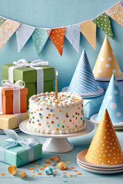 Colorful birthday cake with single candle surrounded by party hats, gifts and festive decorations