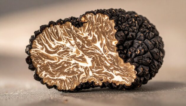 Close-up of a Halved Fresh Black Winter Truffle Showing Marbled Interior Texture