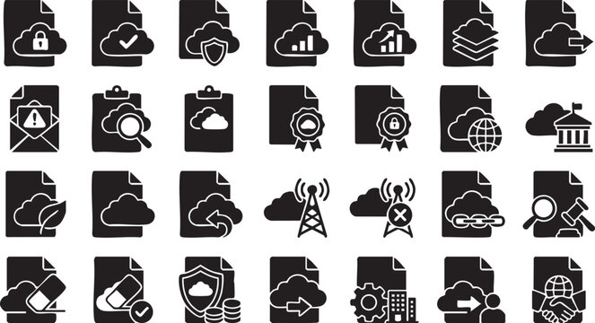 Cloud computing and digital transformation policy icons featuring security locks checkmarks shields charts globe buildings database connections and network management symbols