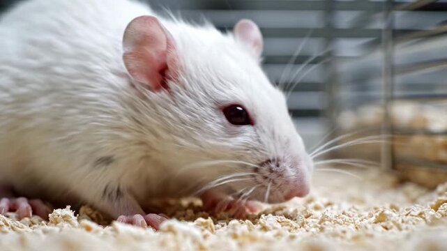 A close inspection of a small, furry albino rodent with beady eyes and sensitive whiskers is captured as it sits on absorbent bedding within a protective enclosure, prompting curiosity about its