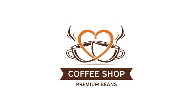 Vintage style coffee shop logo design featuring two steaming coffee cups forming a heart shape for premium coffee bean branding concepts.