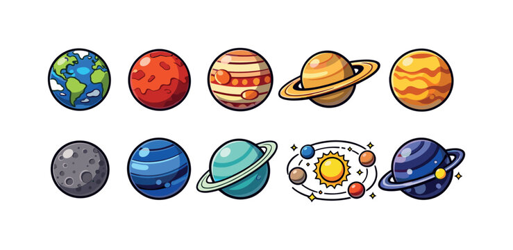 Cartoon planets and solar system elements for educational and space-themed designs