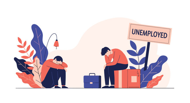 Sad unemployed people sitting in a park with their heads down near an unemployment sign representing economic crisis and job loss issues.