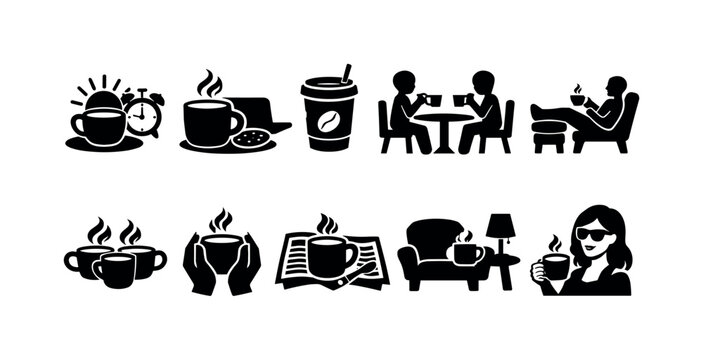 Collection of simple black and white coffee icons depicting various scenarios and activities