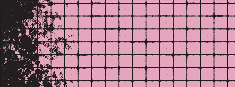 A seamless abstract background featuring a pink grid pattern overlaid with a distressed black grunge texture on the left side, suitable for modern design.