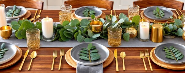 Naklejka premium Festive holiday table setting with eucalyptus garland, gold flatware and candles for dinner