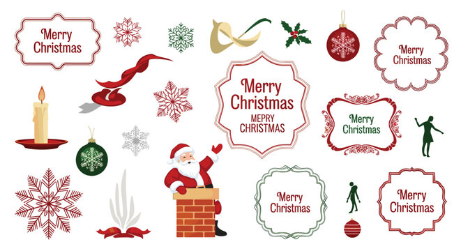 Large collection of Christmas themed frames, ornaments, snowflakes, and santa claus popping out of a chimney for holiday decorations.