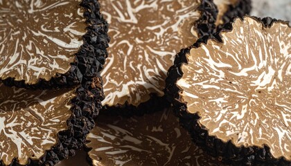 Macro shot of sliced black winter truffles with intricate white marbling and dark warty exterior texture.
