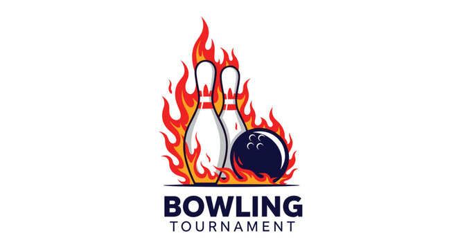 Dynamic bowling tournament logo design featuring two pins and a bowling ball engulfed in vibrant orange and red flames on a white background.
