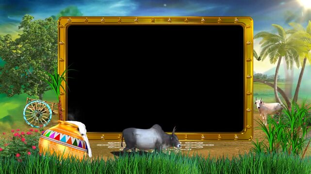 Traditional Pongal Festival Frame with Animated Cow