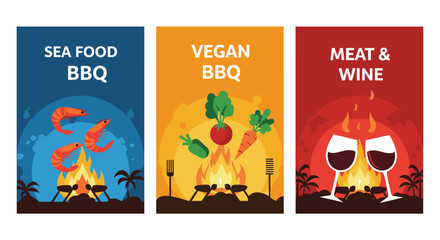Fototapeta premium Three colorful posters advertise different barbecue options including seafood, vegan vegetables, and meat paired with red wine for events.