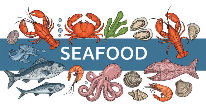 Assorted fresh seafood selection including lobster, crab, fish, octopus, and shrimp is displayed around a central blue text banner area.