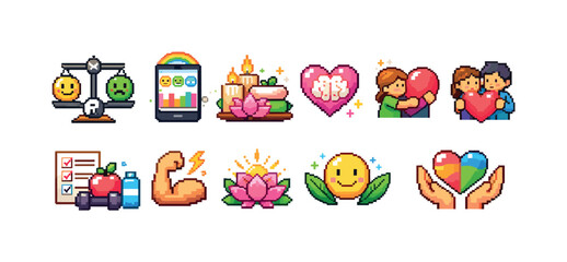 Fototapeta premium Pixel art icons representing mental health, wellness, and positive emotions