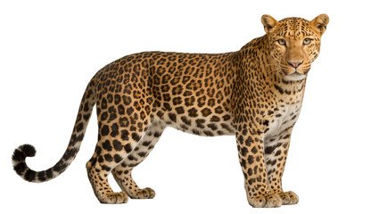 Leopard with spotted fur standing alert, isolated on transparent background © Johnson