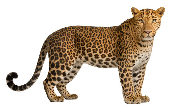 Leopard with spotted fur standing alert, isolated on transparent background