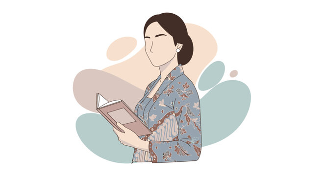 Woman Reading Book in Kimono Outfit.