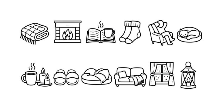 Cozy home comfort icons: fireplace, blanket, book, and warm drinks for relaxation