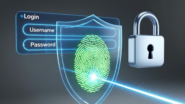 Digital security authentication with biometric fingerprint scanner and login interface for cyber protection and data privacy