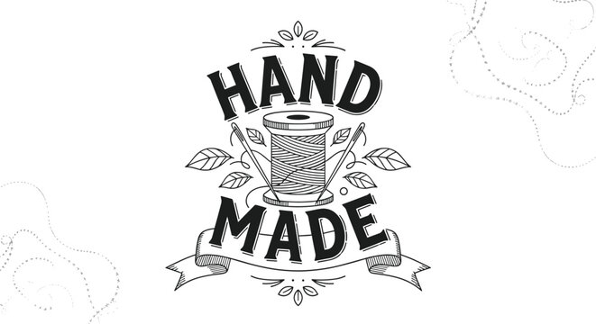 Vintage style hand made logo incorporates a wooden spool of thread with needles and decorative leaves for craft and sewing businesses.