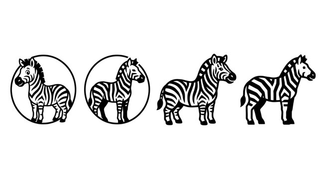 Set of cute zebra illustrations with black and white stripes for kids design