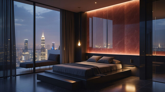 Dark modern accommodation presenting cozy bedding beside hidden lighting creating elegant peaceful decorative surroundings beautifully interior design for hotel advertising