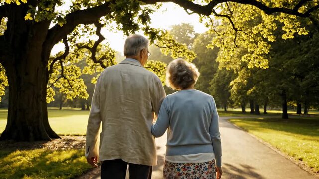 Elderly couple walks down path in park enjoying time together. Soft sunlight filters through trees creating warm atmosphere. Concept of relationship, connection, companionship
