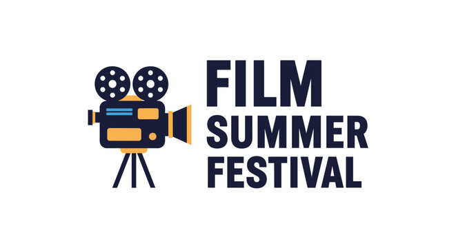 Film summer festival logo combines a stylized vintage movie camera with bold typography for a cinema event or outdoor movie screening.