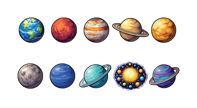 Collection of colorful pixel art planets and celestial bodies in space