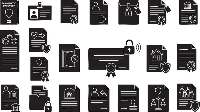 Various documents including diplomatic passport, identity card, and secure legal contracts with seals and protective elements icon set