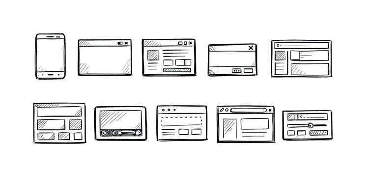 Collection of hand-drawn website and app interface sketches on white background