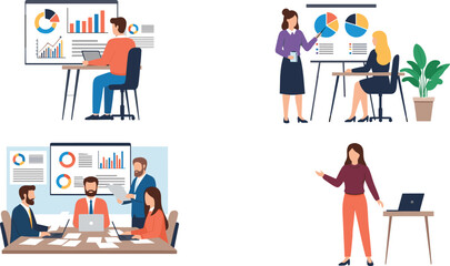 Fototapeta premium Business presentation and teamwork concept with office professionals analyzing charts, graphs, and data reports illustration