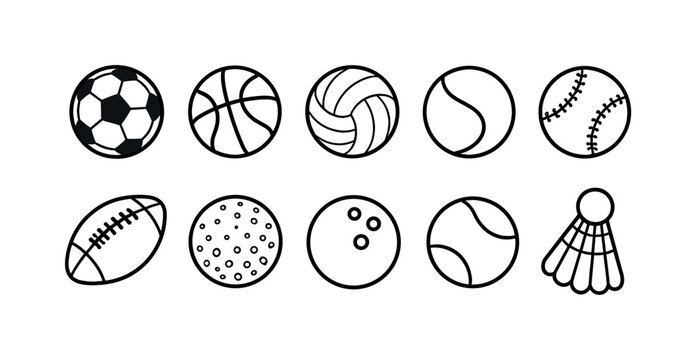 Collection of simple line art icons representing various sports balls and shuttlecock