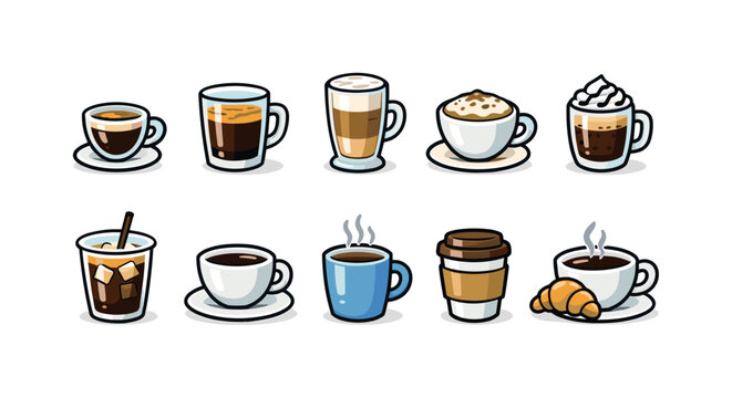 Collection of various cartoon coffee drinks and pastries for breakfast