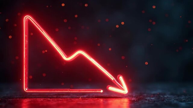 Neon red downward arrow graph symbolizes financial decline, economic crisis, or decreasing market trends. Futuristic style with bokeh background highlights loss and negative growth.