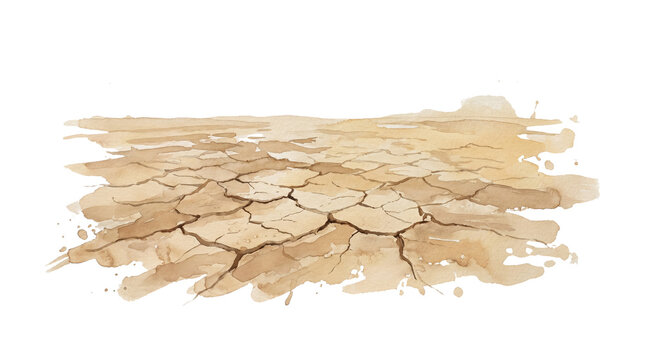 Cracked Dry Earth Texture with Dark Brown Lines, Watercolor Illustration Isolated on Transparent Background