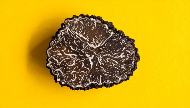 Cross-section of a fresh black truffle showing marble texture on a bright yellow background