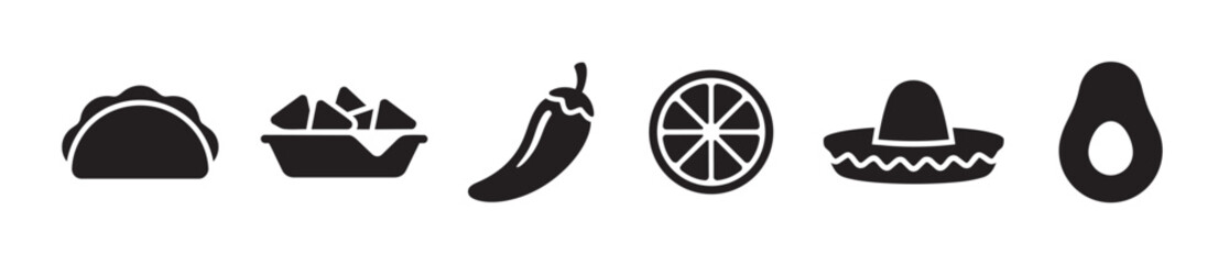 Fototapeta premium A set of simple black silhouette icons representing various elements of Mexican cuisine including a taco, nachos, chili pepper, lime, sombrero, and avocado.